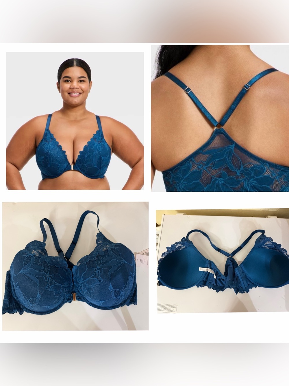 NEW Auden Bra Teal Blue Front Closure Underwires support cushion Lace Racerback